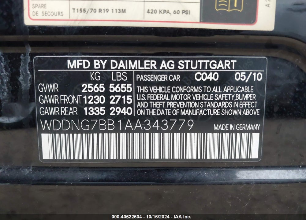 2010 MERCEDES-BENZ S 550 VIN: WDDNG7BB1AA343779