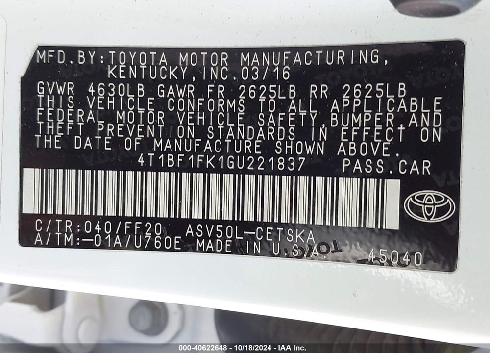 2016 TOYOTA CAMRY SE VIN: 4T1BF1FK1GU221837