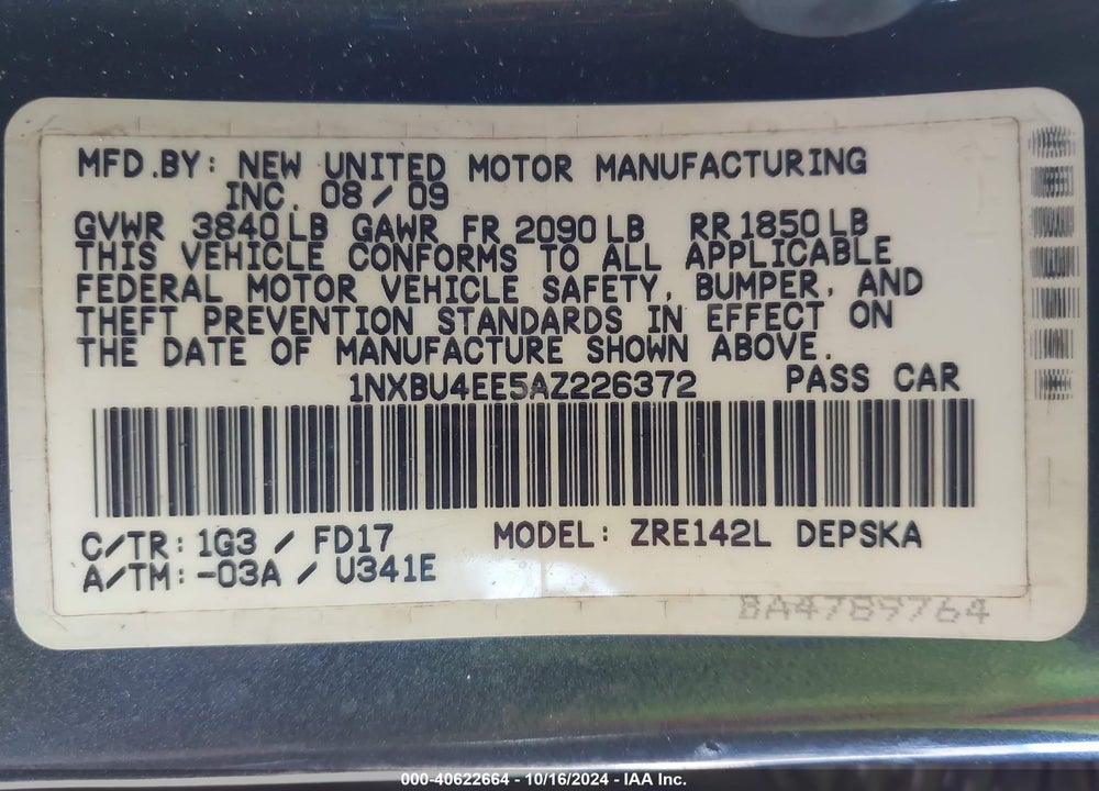 2010 TOYOTA COROLLA S VIN: 1NXBU4EE5AZ226372