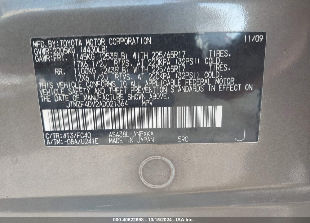 2010 TOYOTA RAV4 VIN: JTMZF4DV2AD021364