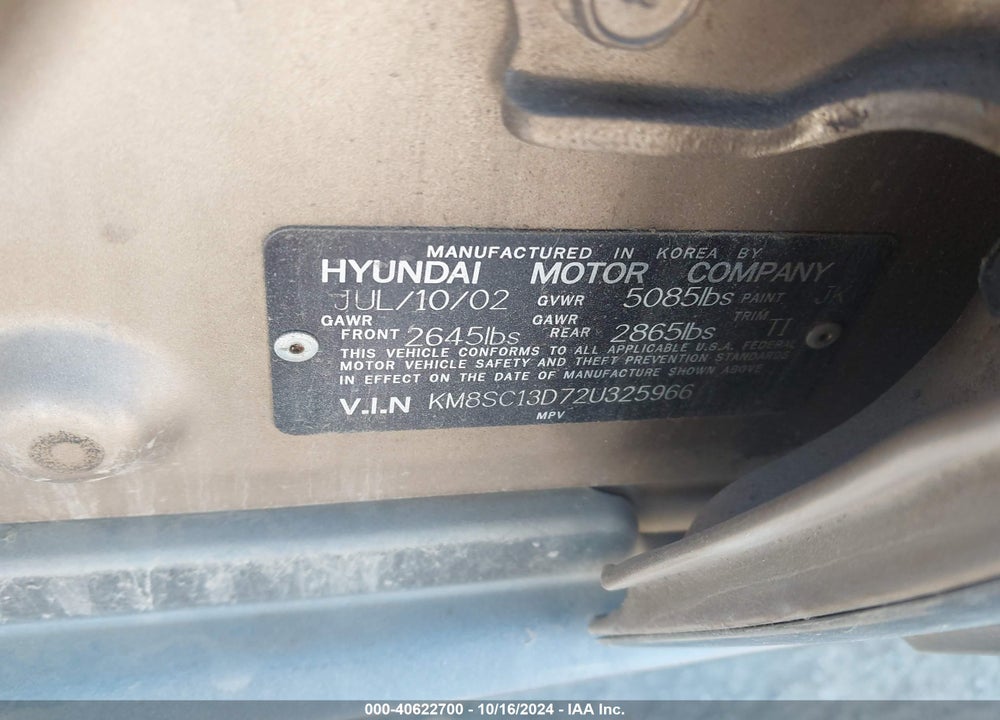 2002 HYUNDAI SANTA FE GLS/LX VIN: KM8SC13D72U325966