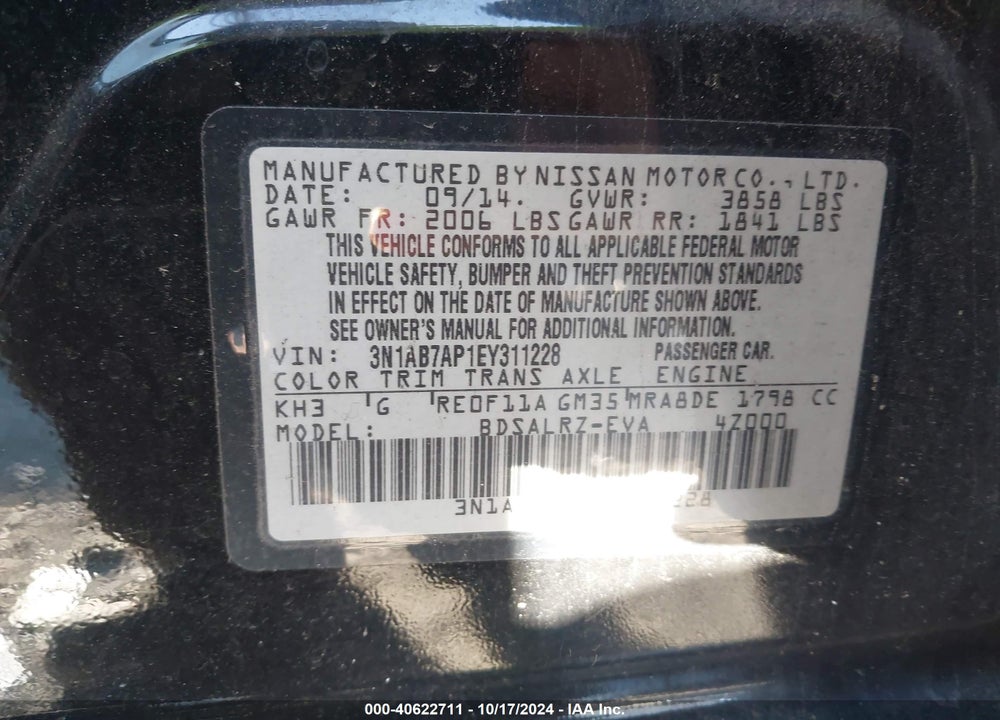 2014 NISSAN SENTRA SR VIN: 3N1AB7AP1EY311228