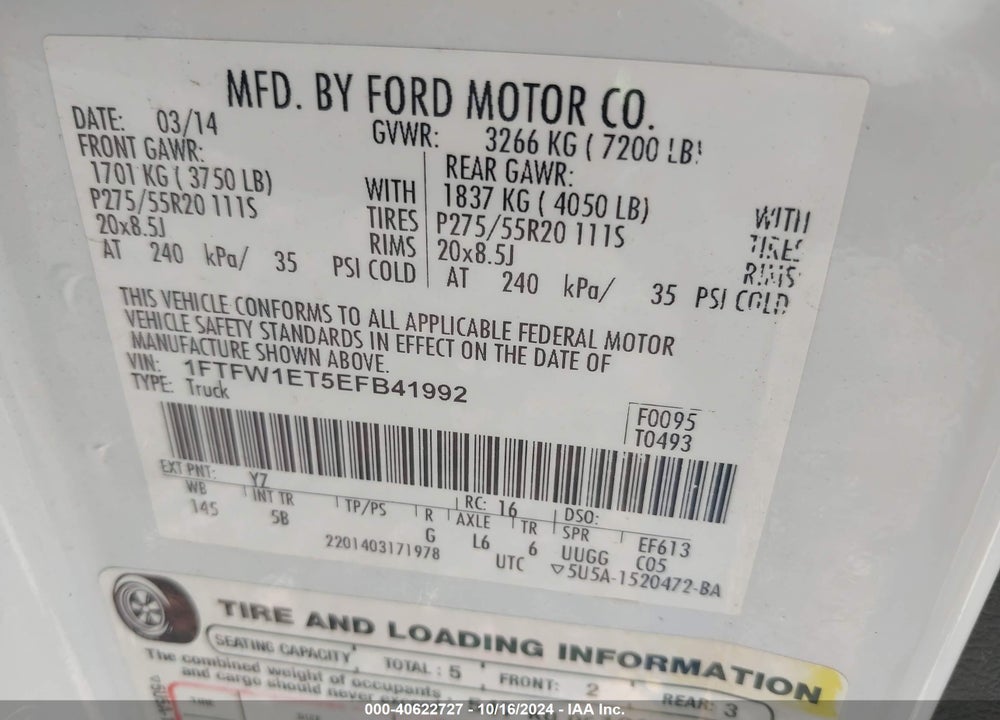 2014 FORD F-150 FX4 VIN: 1FTFW1ET5EFB41992