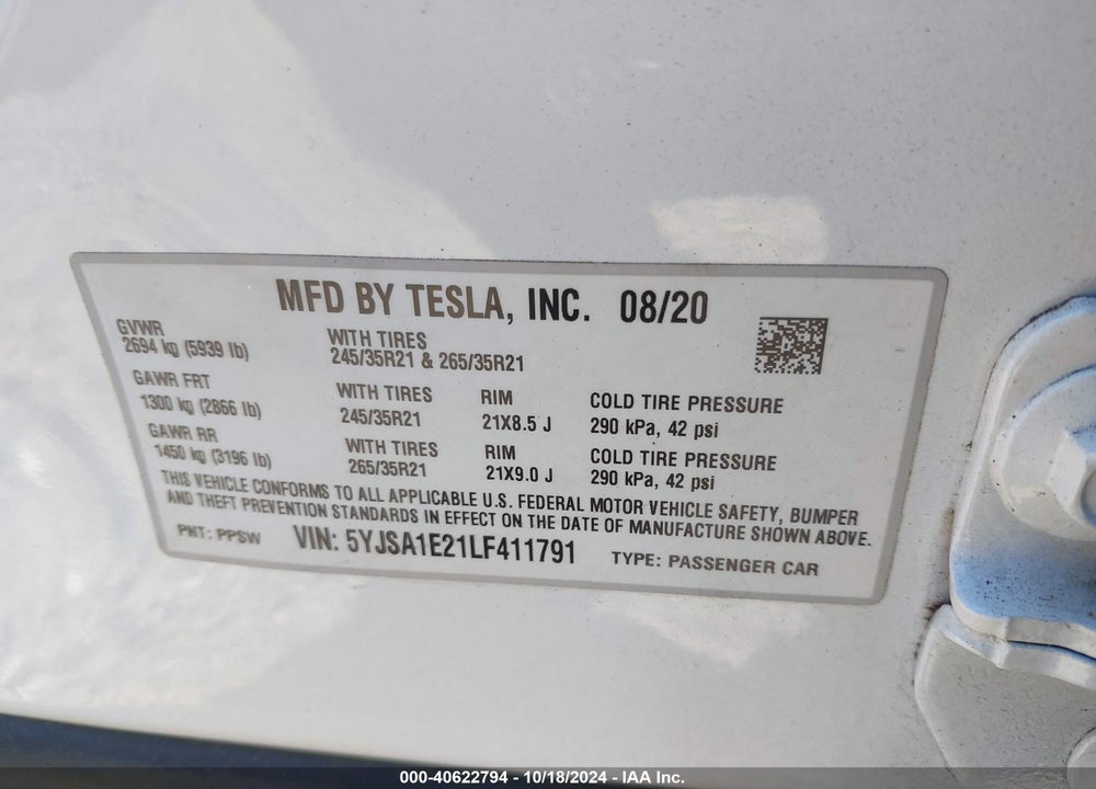 2020 TESLA MODEL S LONG RANGE DUAL MOTOR ALL-WHEEL DRIVE/LONG RANGE PLUS DUAL MOTOR ALL-WHEEL DRIVE VIN: 5YJSA1E21LF411791