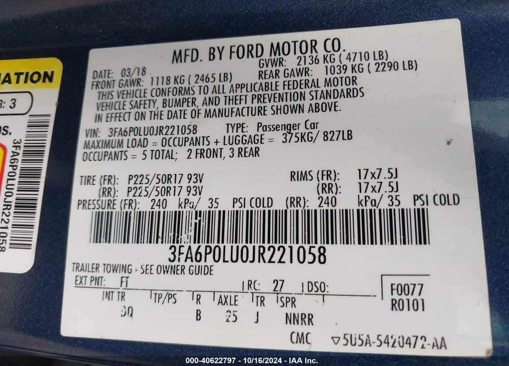 2018 FORD FUSION HYBRID SE VIN: 3FA6P0LU0JR221058