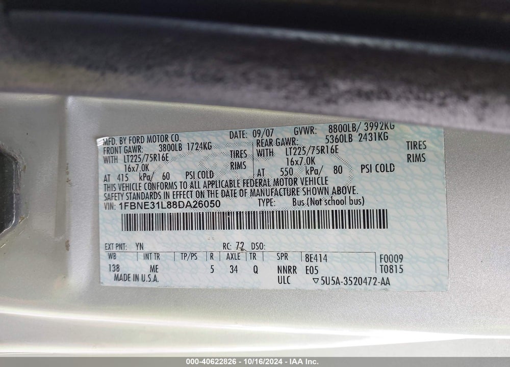 2008 FORD E-350 SUPER DUTY XL/XLT VIN: 1FBNE31L88DA26050
