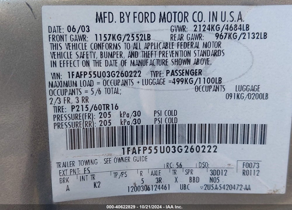 2003 FORD TAURUS SES VIN: 1FAFP55U03G260222
