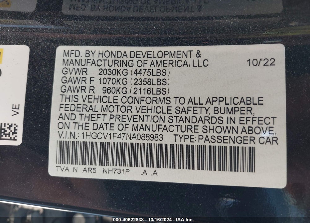 2022 HONDA ACCORD SPORT SPECIAL EDITION VIN: 1HGCV1F47NA088983