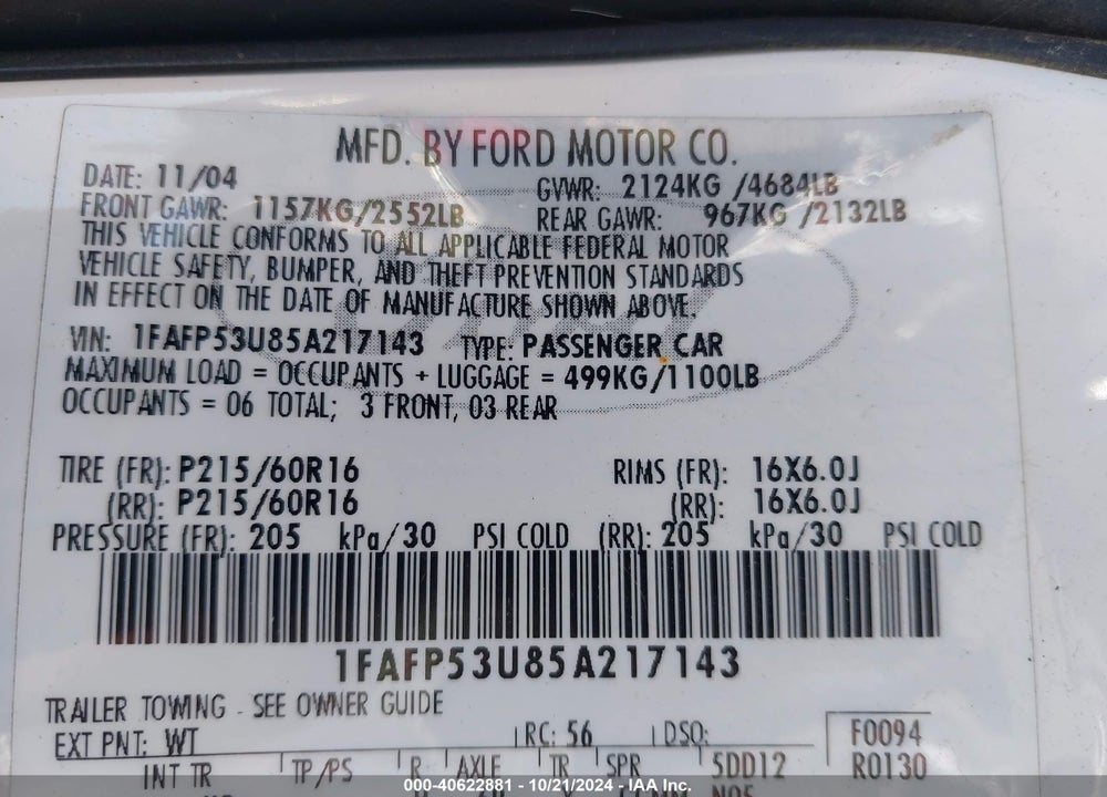 2005 FORD TAURUS SE VIN: 1FAFP53U85A217143