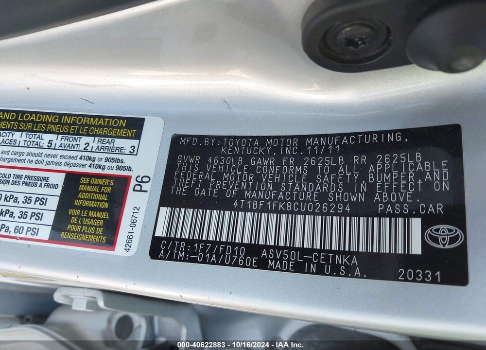 2012 TOYOTA CAMRY LE VIN: 4T1BF1FK8CU026294