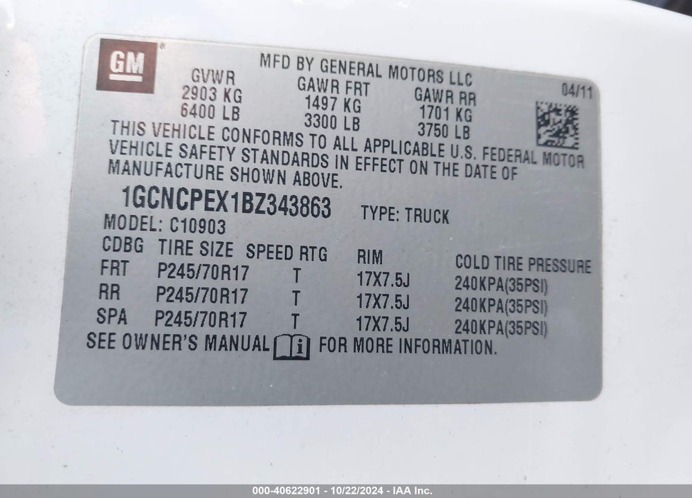 2011 CHEVROLET SILVERADO 1500 WORK TRUCK VIN: 1GCNCPEX1BZ343863