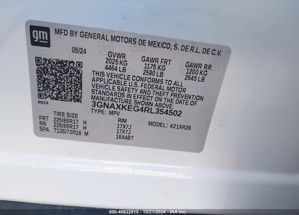 2024 CHEVROLET EQUINOX FWD LT VIN: 3GNAXKEG4RL354502