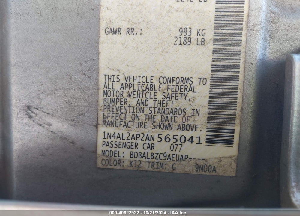 2010 NISSAN ALTIMA 2.5 S VIN: 1N4AL2AP2AN565041
