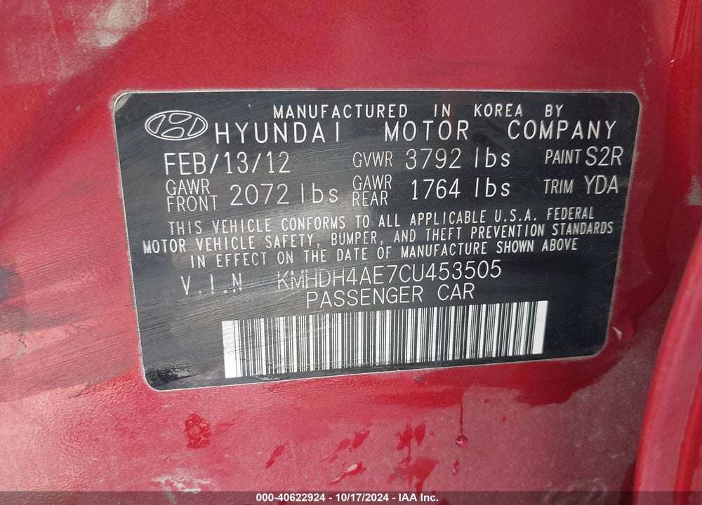 2012 HYUNDAI ELANTRA LIMITED (ULSAN PLANT) VIN: KMHDH4AE7CU453505