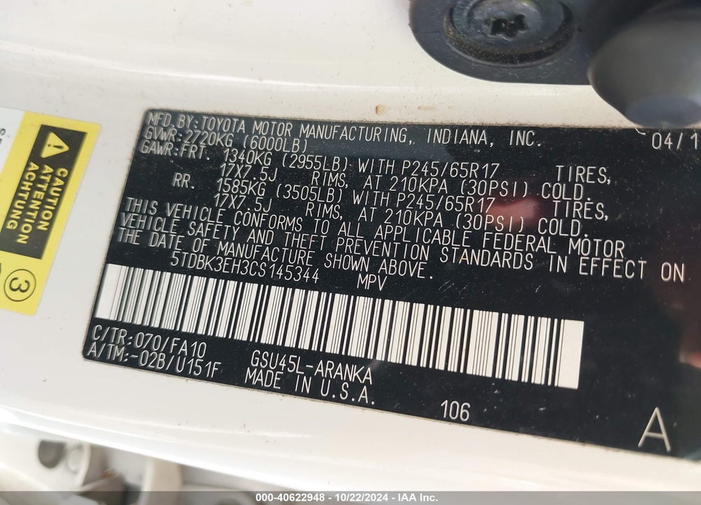 2012 TOYOTA HIGHLANDER SE VIN: 5TDBK3EH3CS145344
