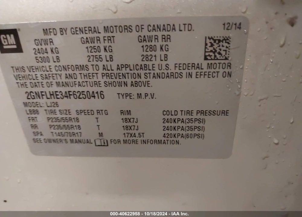 2015 CHEVROLET EQUINOX LTZ VIN: 2GNFLHE34F6250416