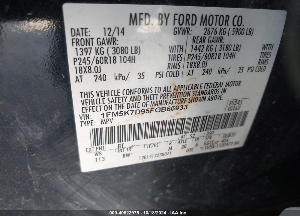 2015 FORD EXPLORER XLT VIN: 1FM5K7D95FGB66933