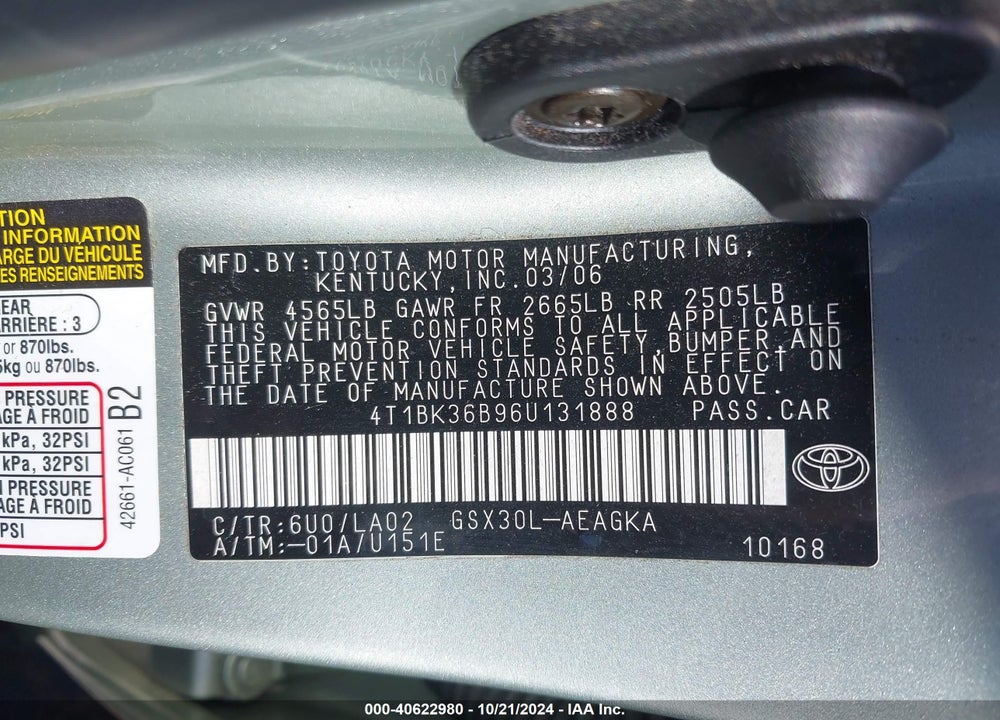 2006 TOYOTA AVALON XLS VIN: 4T1BK36B96U131888
