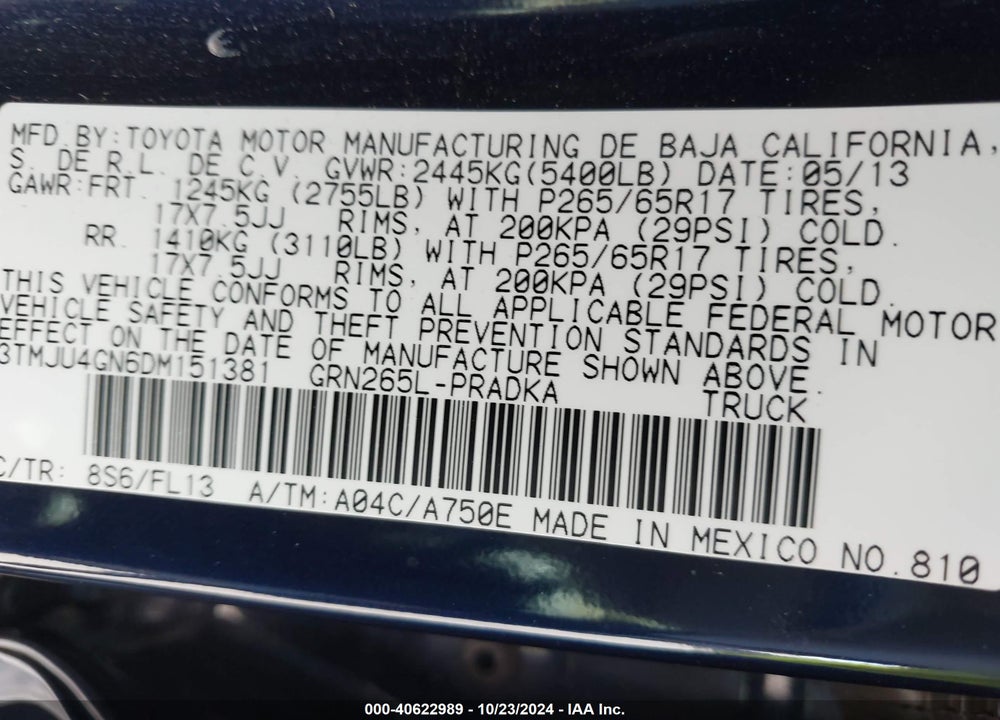2013 TOYOTA TACOMA PRERUNNER V6 VIN: 3TMJU4GN6DM151381