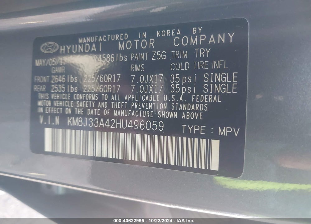 2017 HYUNDAI TUCSON SE VIN: KM8J33A42HU496059