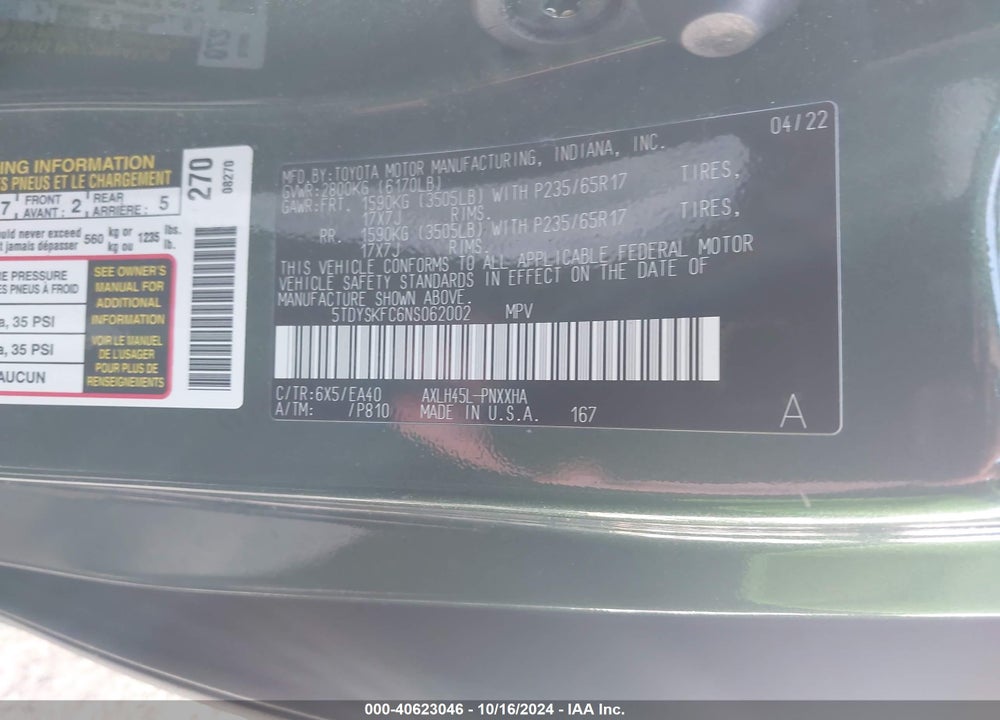 2022 TOYOTA SIENNA XLE VIN: 5TDYSKFC6NS062002