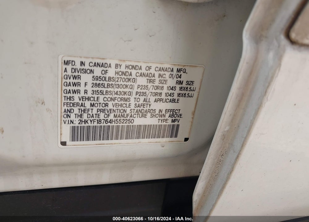 2004 HONDA PILOT EX-L VIN: 2HKYF18764H552250