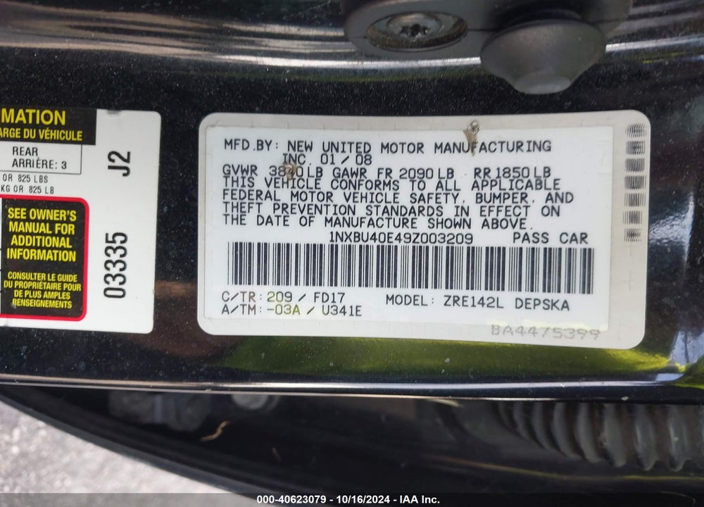 2009 TOYOTA COROLLA VIN: 1NXBU40E49Z003209