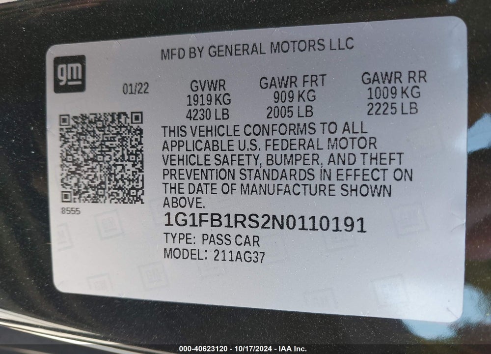 2022 CHEVROLET CAMARO RWD 1LT VIN: 1G1FB1RS2N0110191