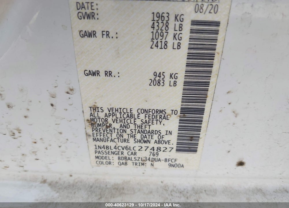 2020 NISSAN ALTIMA SR FWD VIN: 1N4BL4CV6LC274827