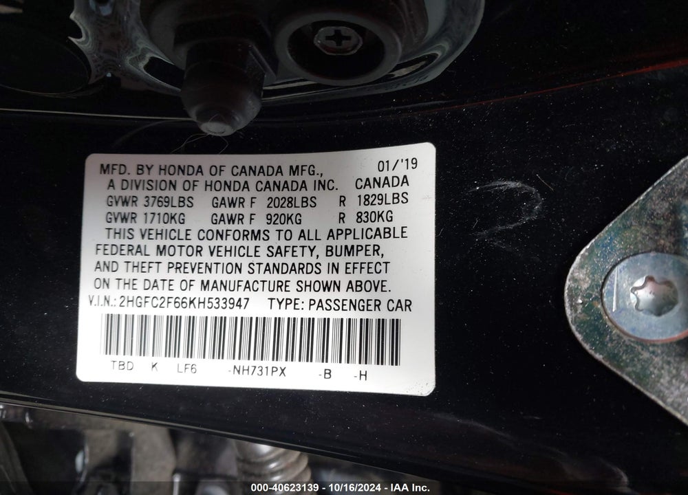 2019 HONDA CIVIC LX VIN: 2HGFC2F66KH533947