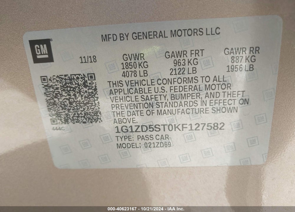 2019 CHEVROLET MALIBU LT VIN: 1G1ZD5ST0KF127582