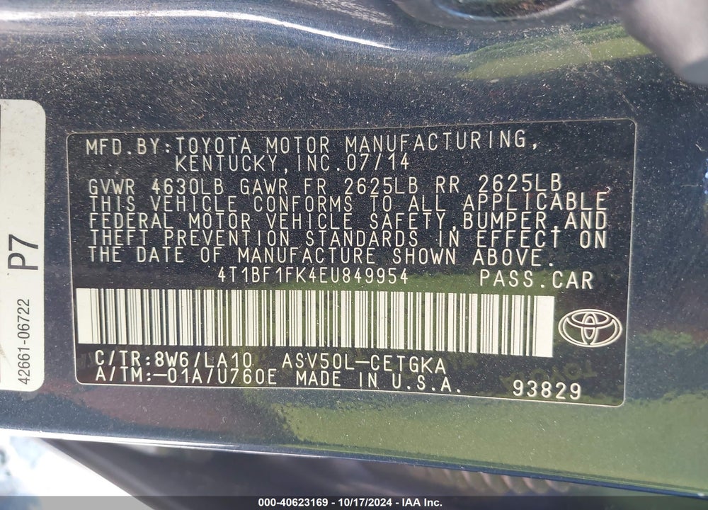 2014 TOYOTA CAMRY XLE VIN: 4T1BF1FK4EU849954