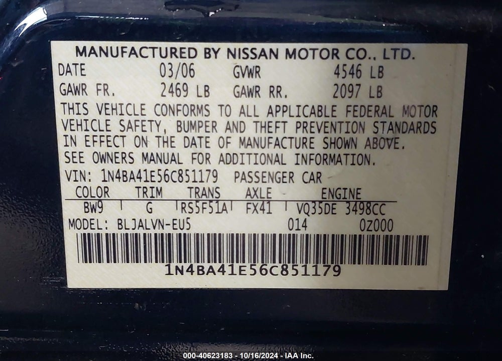 2006 NISSAN MAXIMA 3.5 SE VIN: 1N4BA41E56C851179