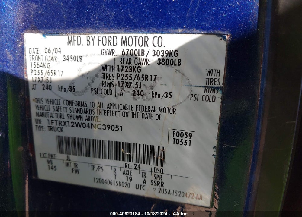 2004 FORD F-150 STX/XL/XLT VIN: 1FTRX12W04NC39051