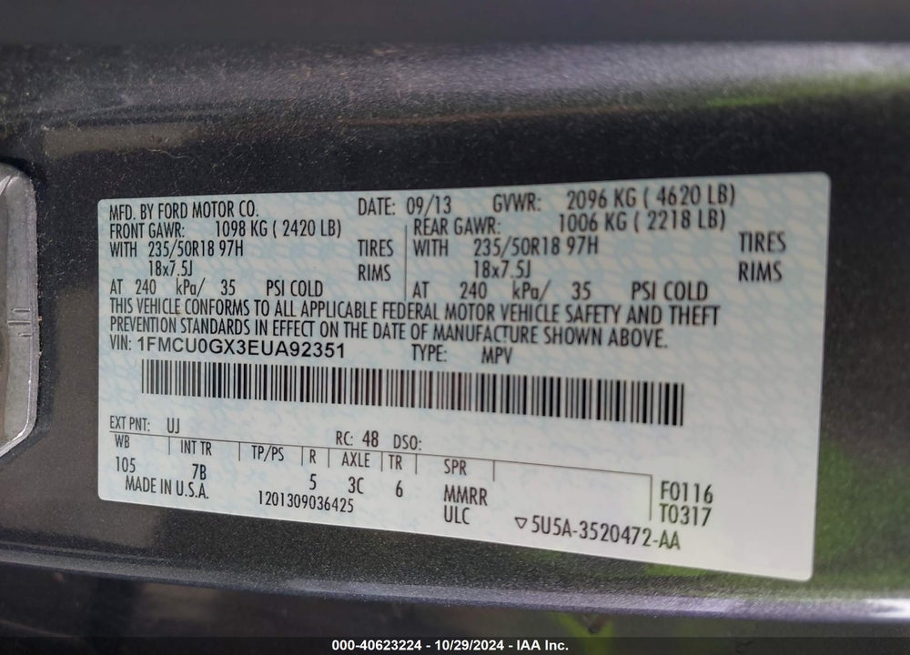 2014 FORD ESCAPE SE VIN: 1FMCU0GX3EUA92351