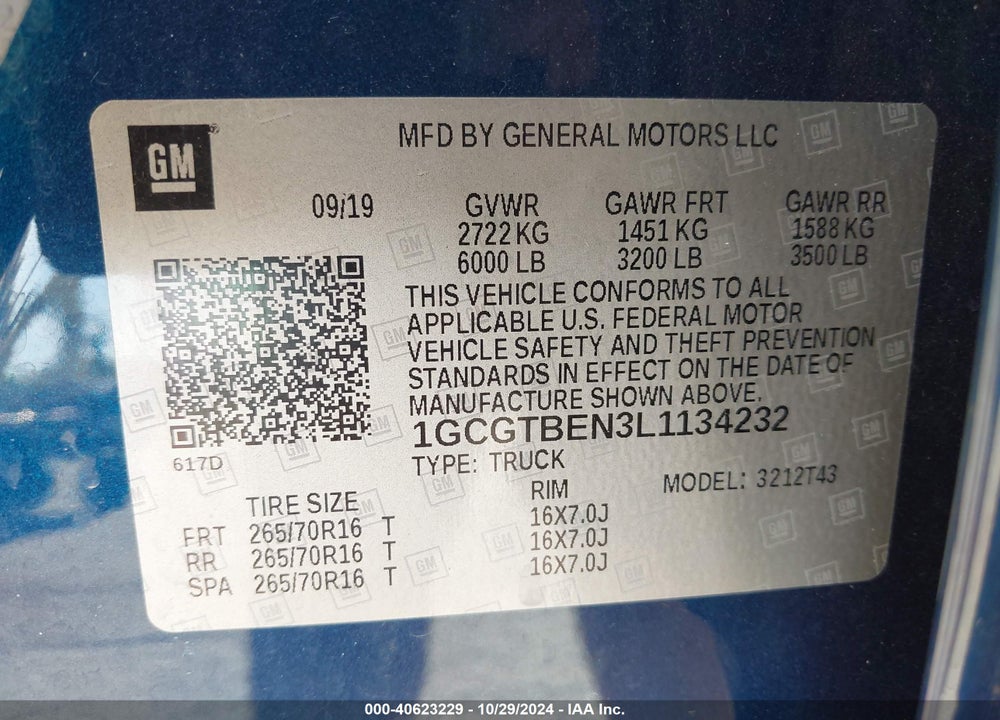 2020 CHEVROLET COLORADO 4WD LONG BOX WT VIN: 1GCGTBEN3L1134232
