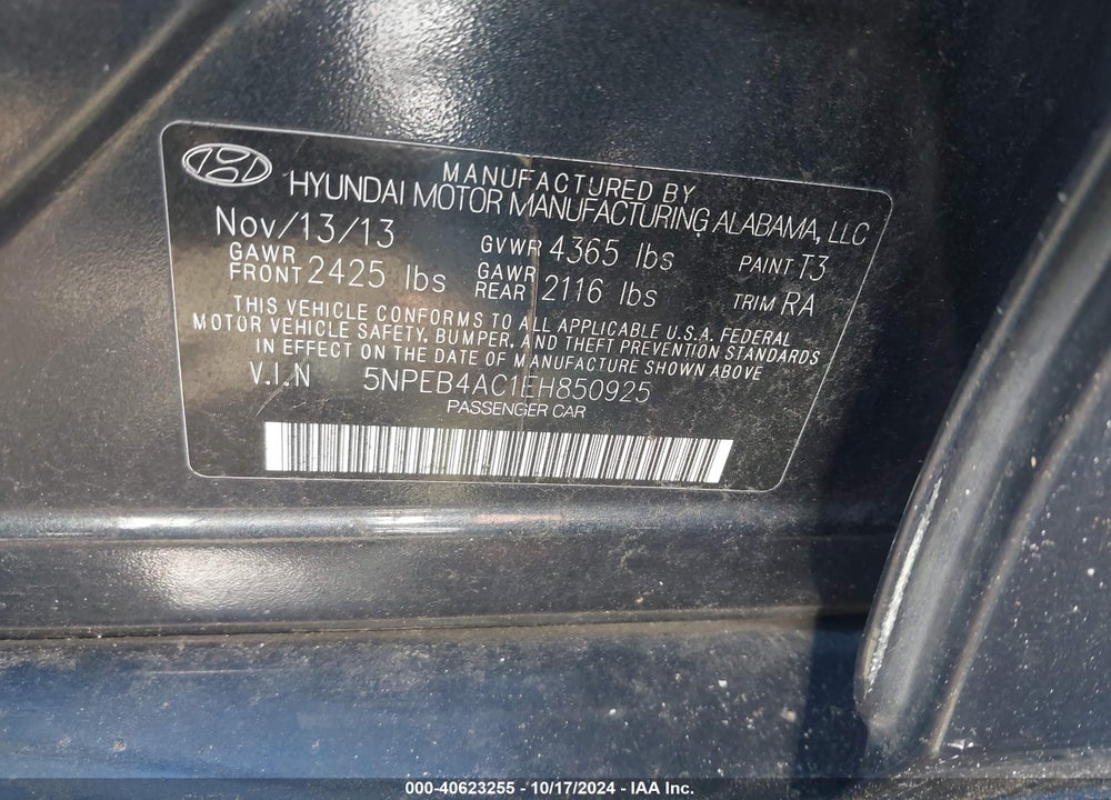 2014 HYUNDAI SONATA GLS VIN: 5NPEB4AC1EH850925