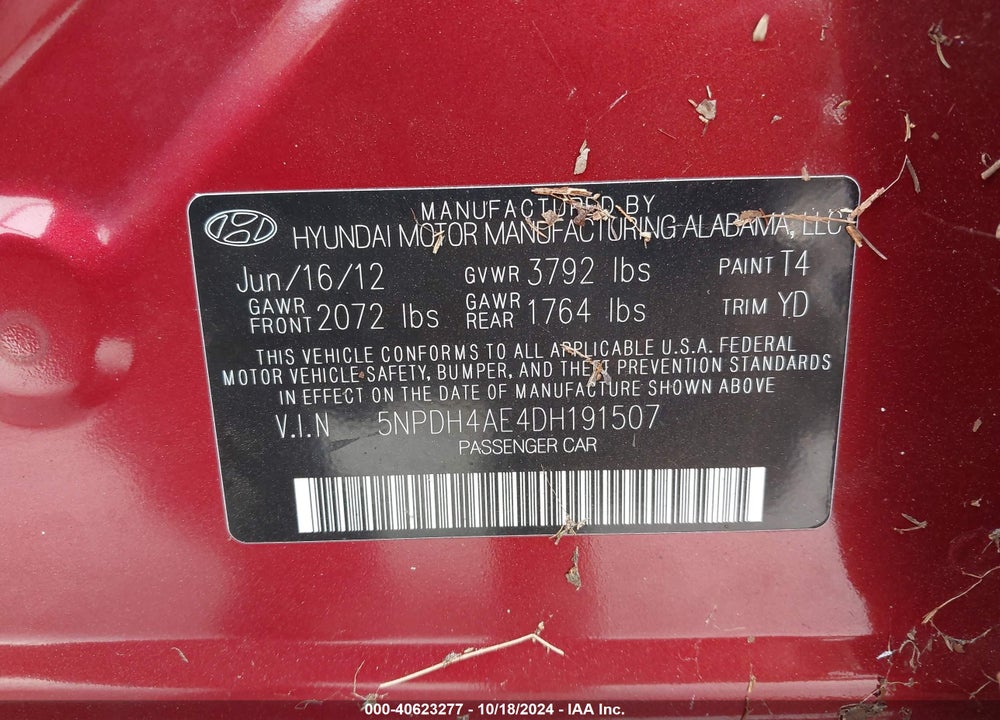 2013 HYUNDAI ELANTRA LIMITED VIN: 5NPDH4AE4DH191507