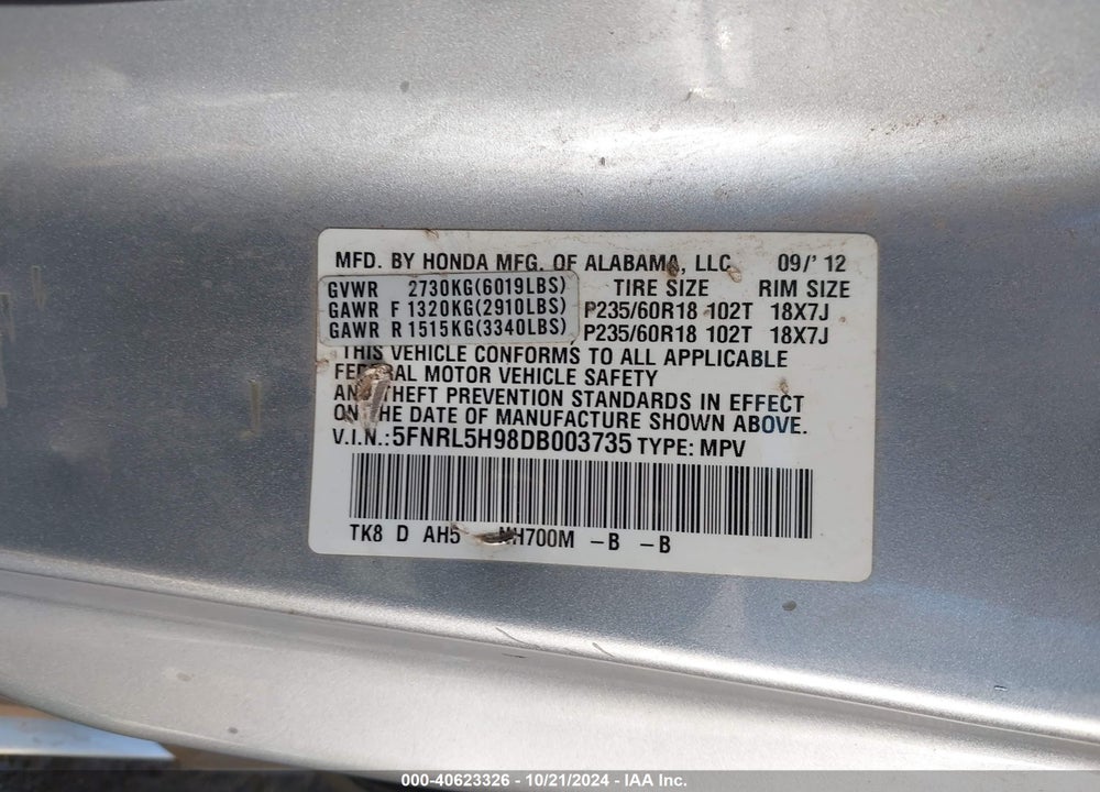 2013 HONDA ODYSSEY TOURING/TOURING ELITE VIN: 5FNRL5H98DB003735