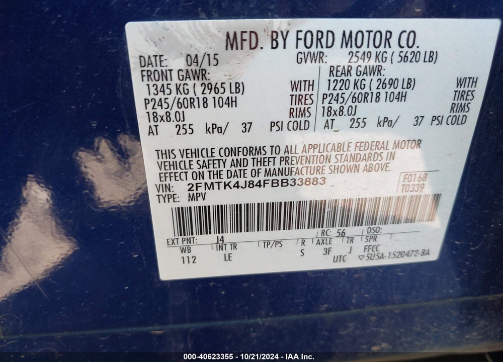 2015 FORD EDGE SEL VIN: 2FMTK4J84FBB33883