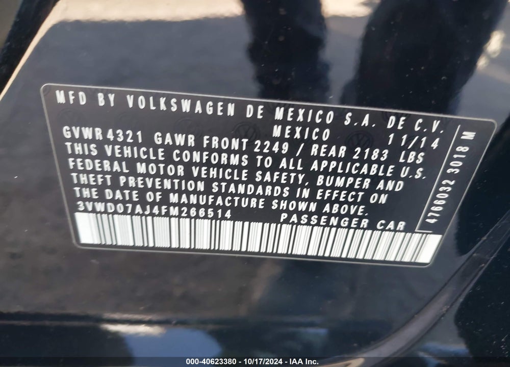 2015 VOLKSWAGEN JETTA 1.8T SE VIN: 3VWD07AJ4FM266514