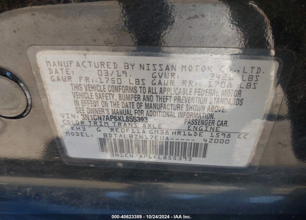 2019 NISSAN VERSA VIN: 3N1CN7AP6KL855393