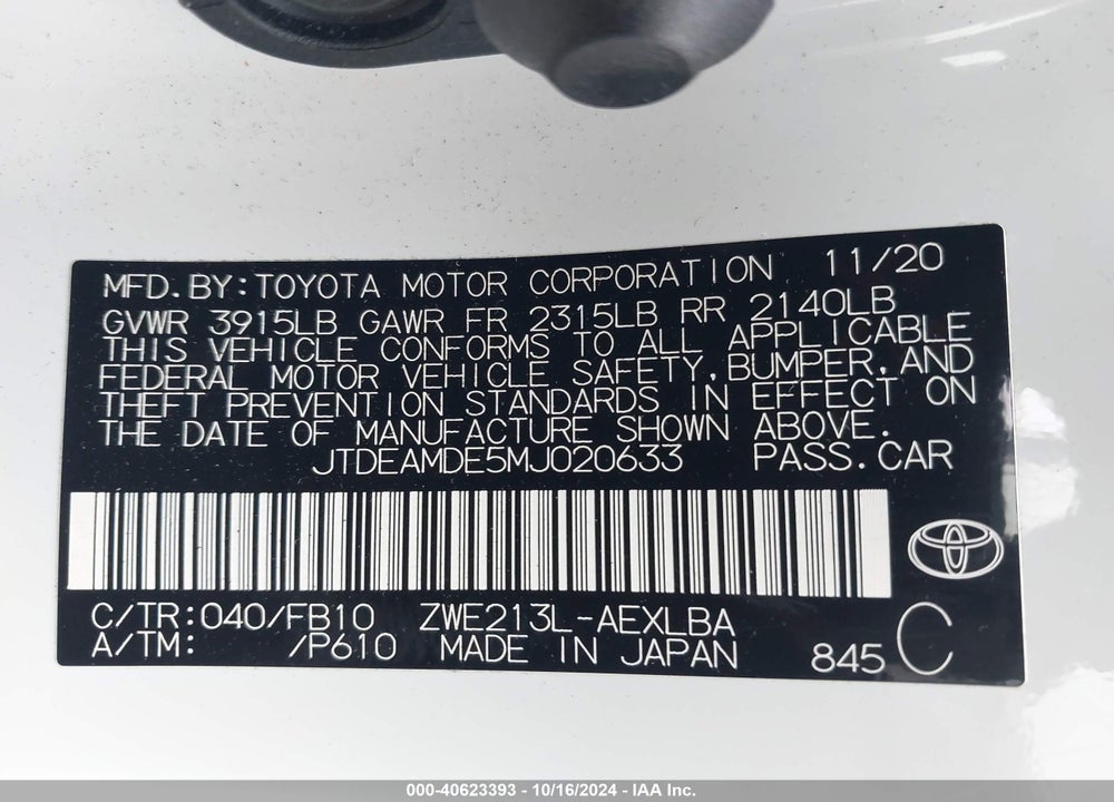 2021 TOYOTA COROLLA HYBRID LE VIN: JTDEAMDE5MJ020633