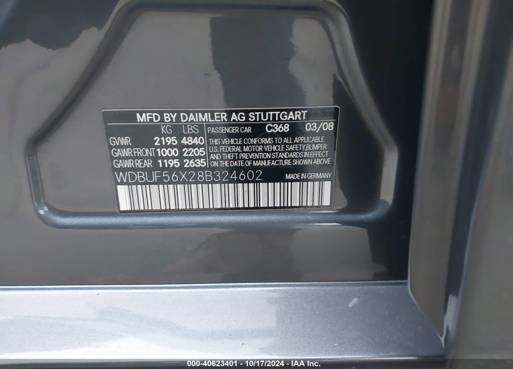 2008 MERCEDES-BENZ E 350 VIN: WDBUF56X28B324602