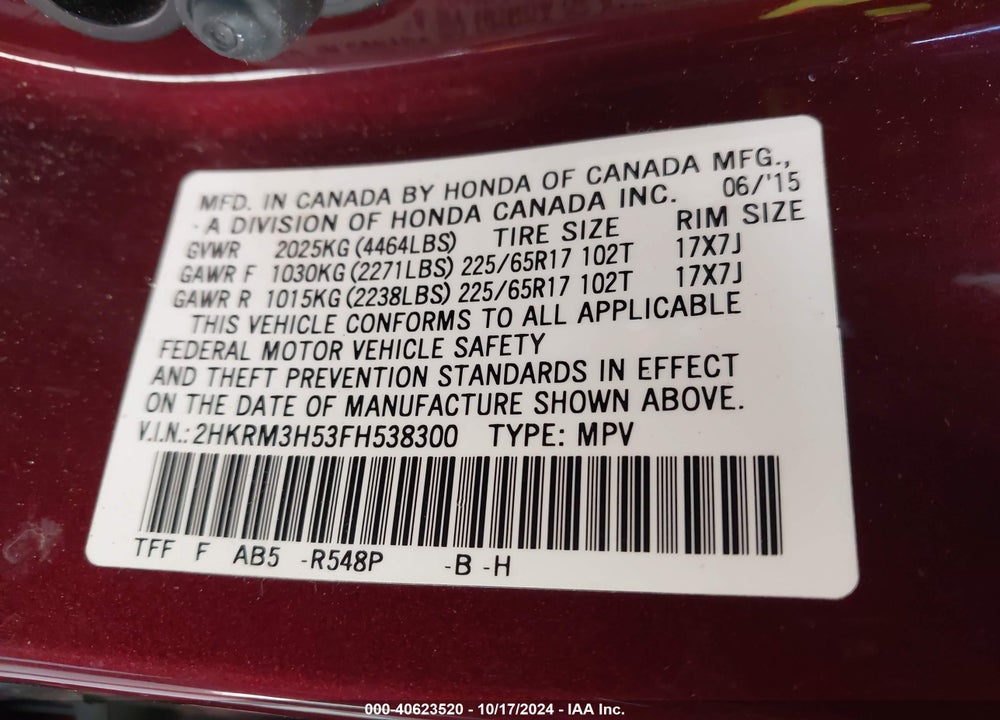 2015 HONDA CR-V EX VIN: 2HKRM3H53FH538300