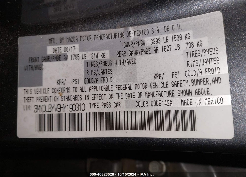 2017 TOYOTA YARIS IA VIN: 3MYDLBYV9HY190310