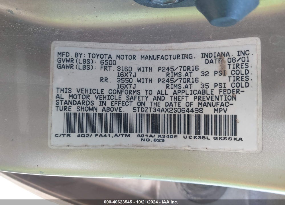 2002 TOYOTA SEQUOIA SR5 VIN: 5TDZT34AX2S064498