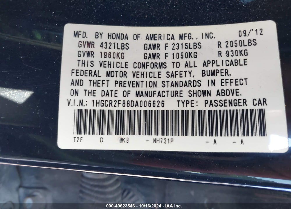 2013 HONDA ACCORD EX-L VIN: 1HGCR2F88DA006626