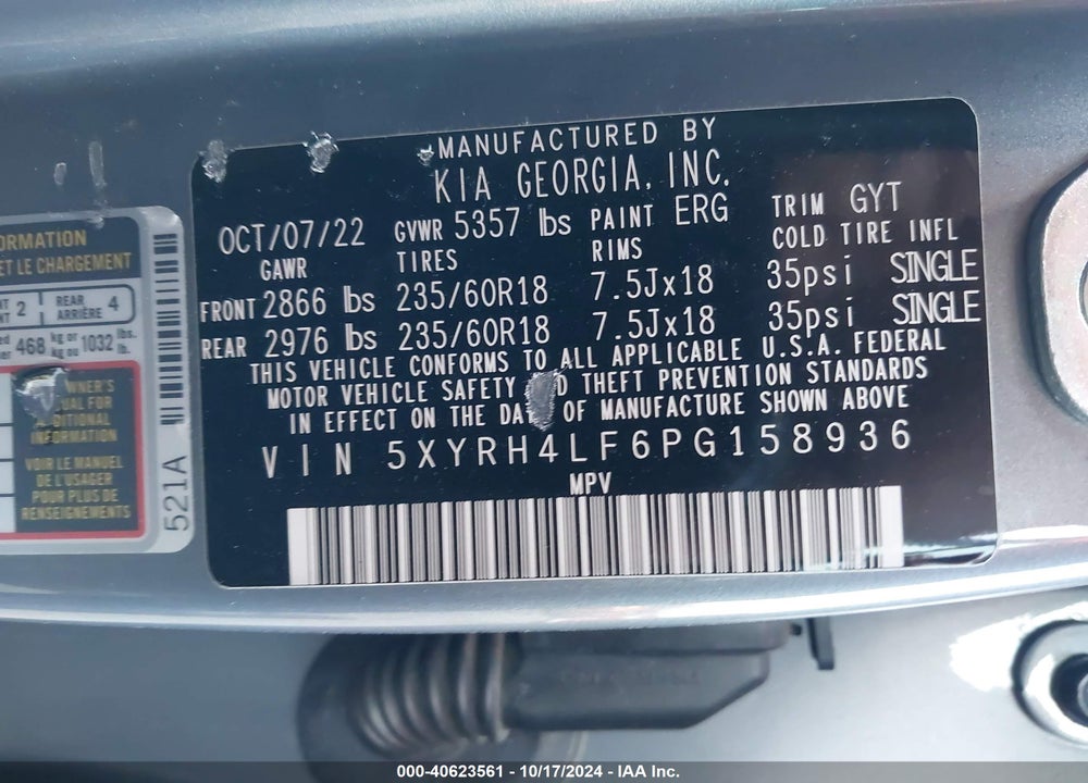 2023 KIA SORENTO EX VIN: 5XYRH4LF6PG158936