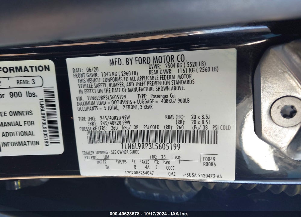 2020 LINCOLN CONTINENTAL RESERVE VIN: 1LN6L9RP3L5605199